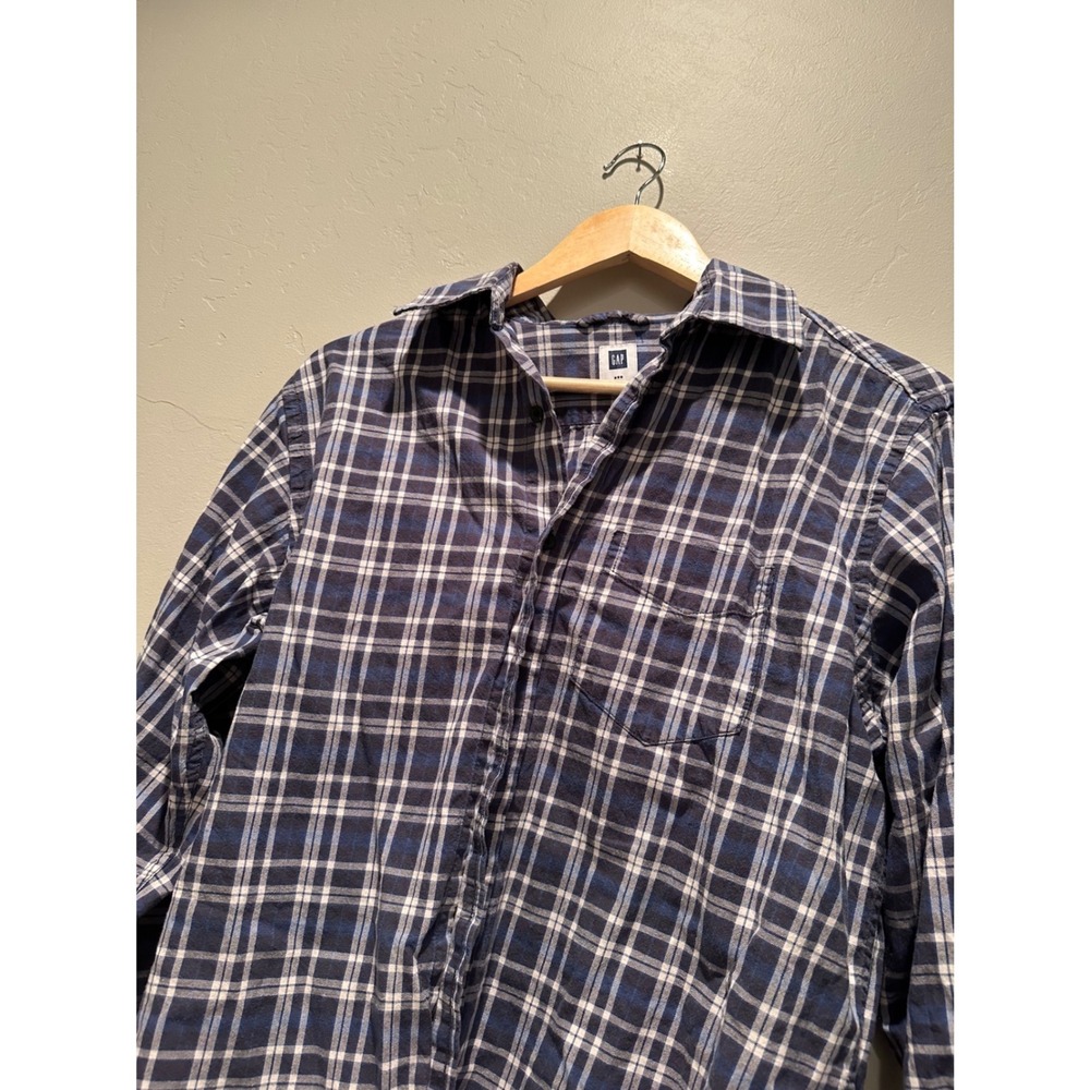 Gap Mens Navy Blue White Plaid Button Down Shirt Long Sleeve Medium Workwear